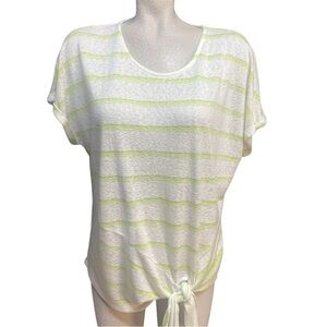 Bobeau Striped White and Green scoop neck pullover tie front top, size L